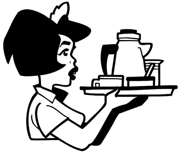 Waitress carrying tray of coffee and cups vinyl sticker. Customize on line. Restaurants Bars Hotels 079-0468